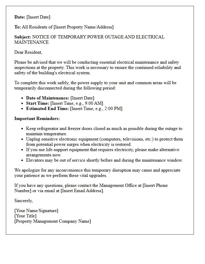 Residential Property Temporary Power Outage And Electrical Maintenance Notice Letter