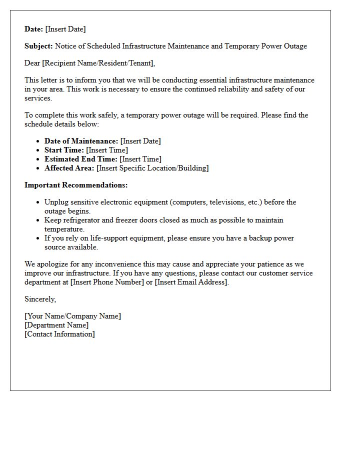 Scheduled Infrastructure Maintenance And Temporary Power Outage Warning Letter