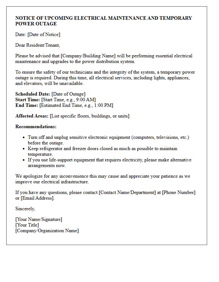 Standard Notice Of Electrical Maintenance And Temporary Power Outage Letter