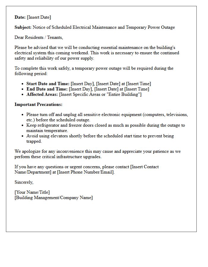 Weekend Electrical System Maintenance And Temporary Power Outage Notice Letter