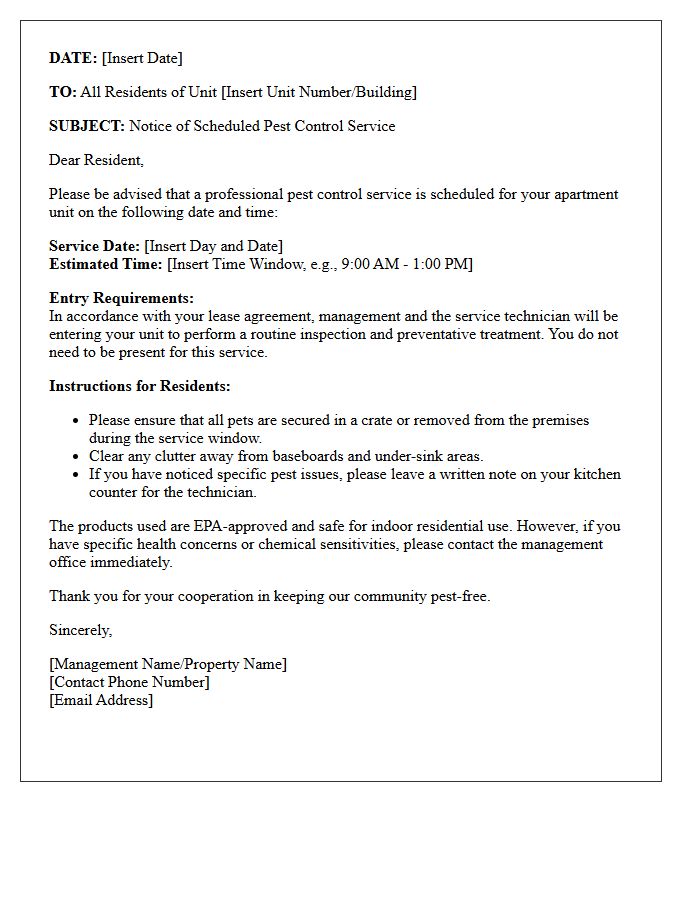 Apartment Pest Control Service Alert Letter