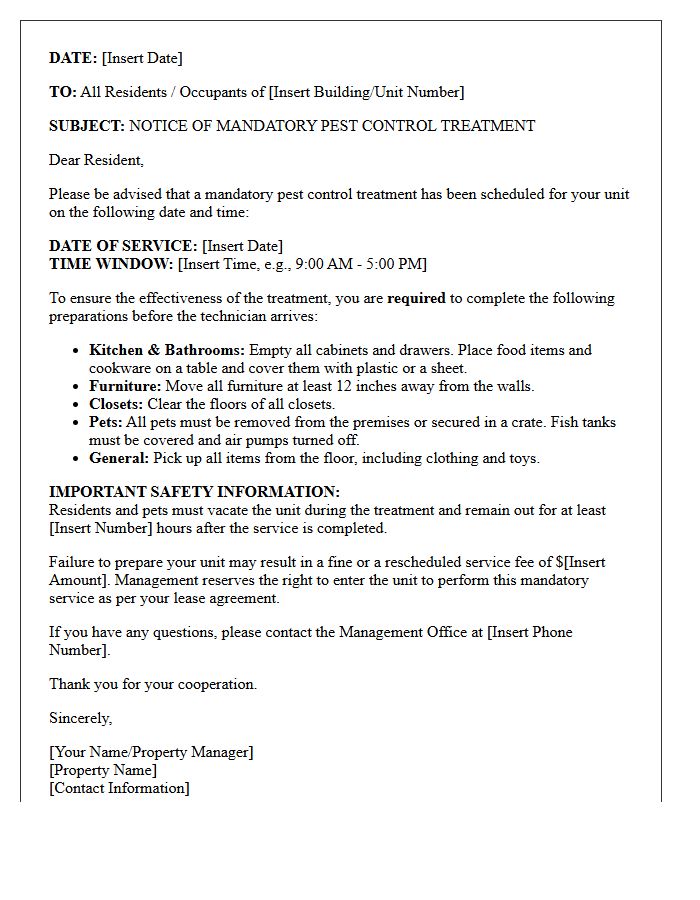 Mandatory Pest Control Preparation Notice Letter