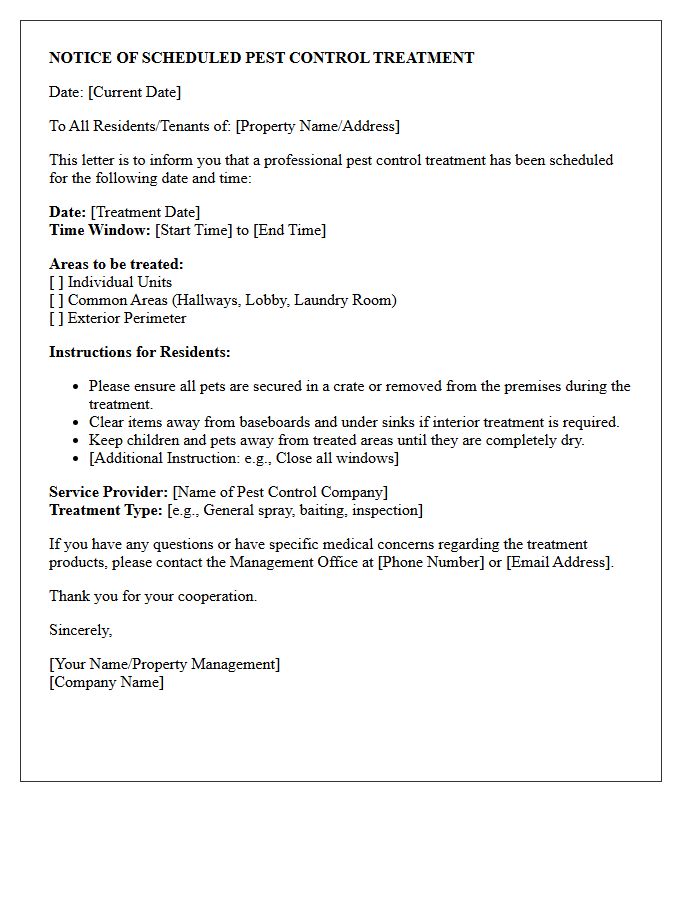 Notice of Scheduled Pest Control Treatment Letter