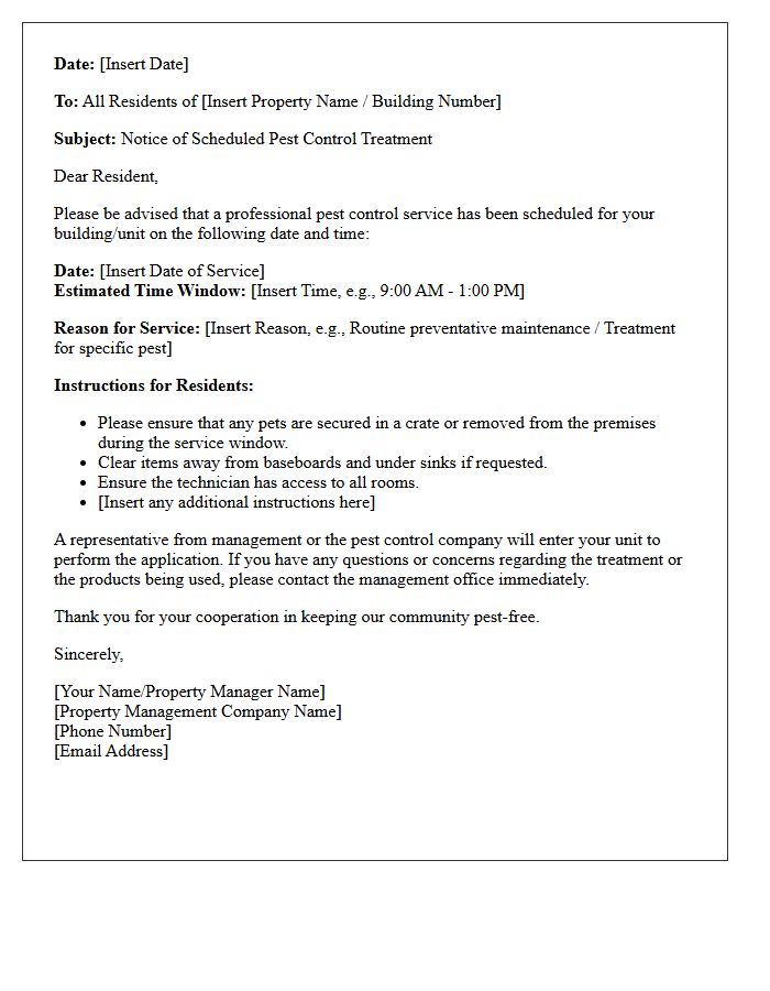 Property Management Pest Control Notification Letter