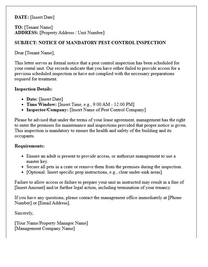Property Pest Control Inspection Warning Letter
