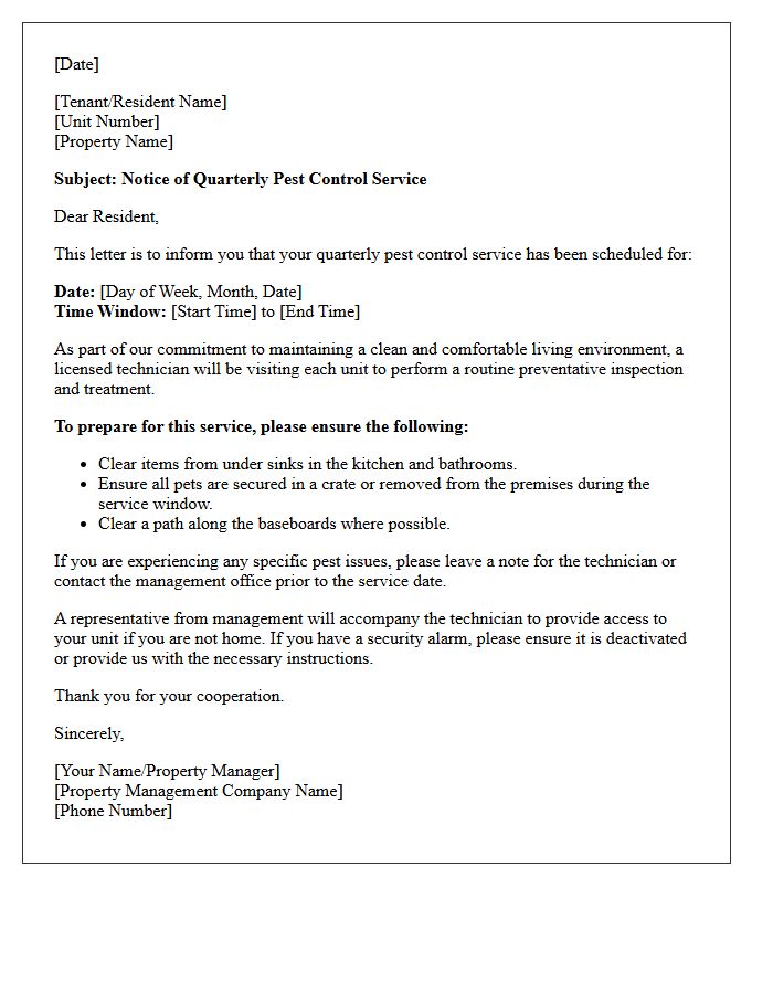 Quarterly Pest Control Service Announcement Letter