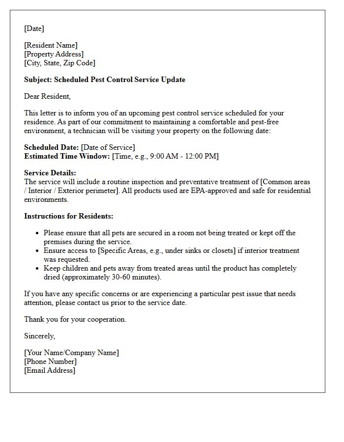 Residential Pest Control Service Update Letter