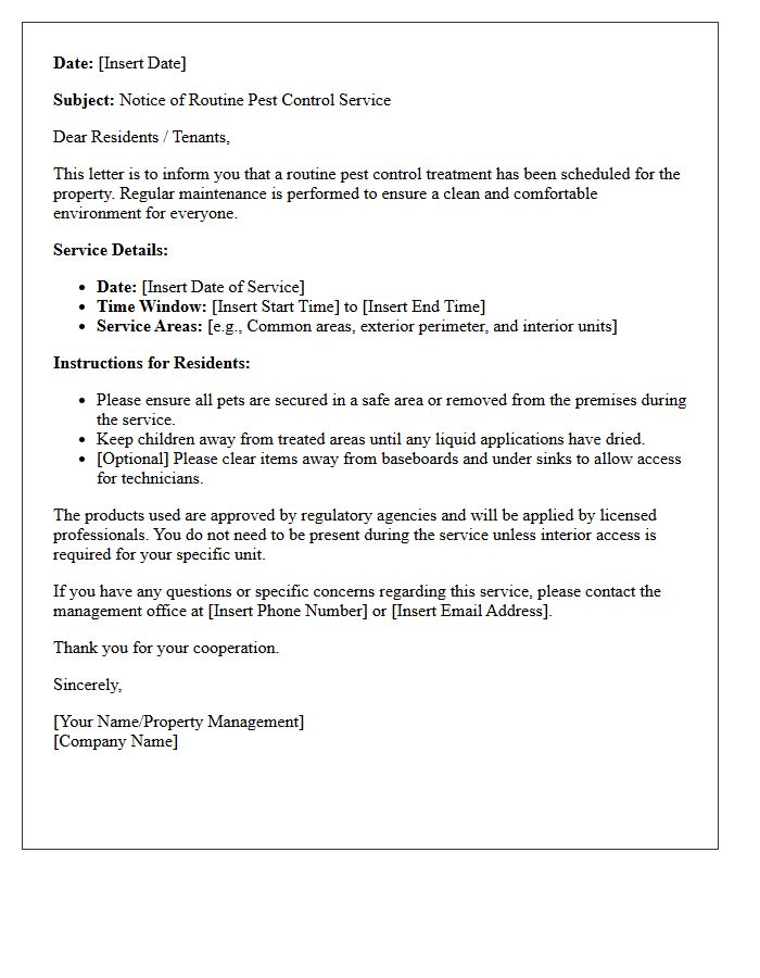 Routine Pest Control Service Advisory Letter