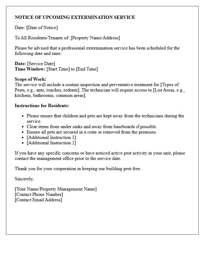 Upcoming Extermination Service Notice Letter