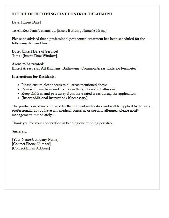 Upcoming Pest Control Treatment Notice Letter