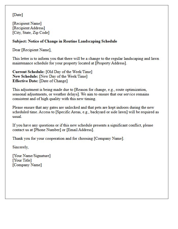 Change In Routine Landscaping Schedule Letter