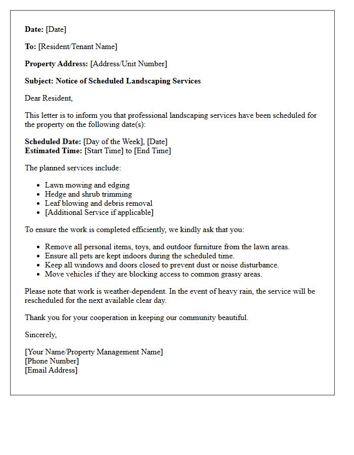 Notice Of Scheduled Landscaping Services Letter