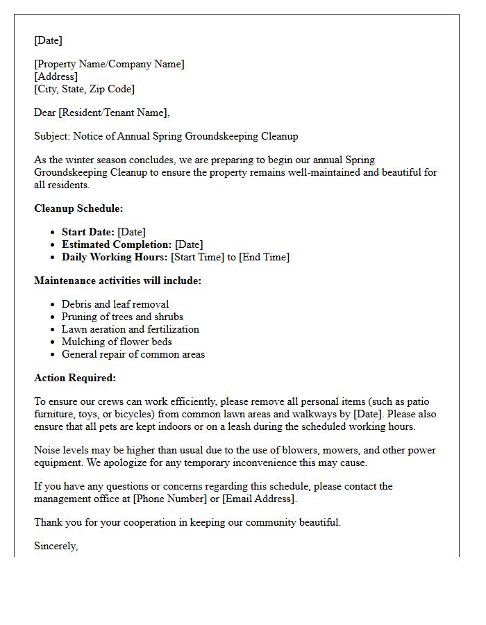 Spring Groundskeeping Cleanup Notification Letter