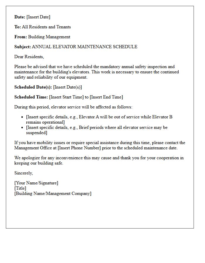 Annual Elevator Maintenance Schedule Notice Letter