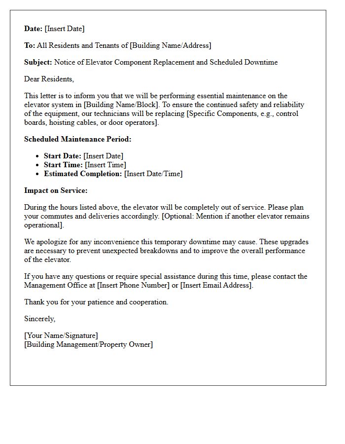 Elevator Component Replacement and Downtime Notice Letter