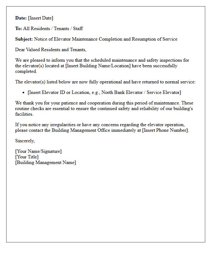 Elevator Maintenance Completion and Resumption Letter