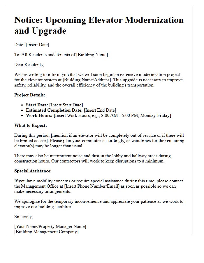 Elevator Modernization and Upgrade Announcement Letter