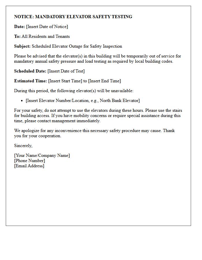 Mandatory Elevator Safety Testing Outage Letter