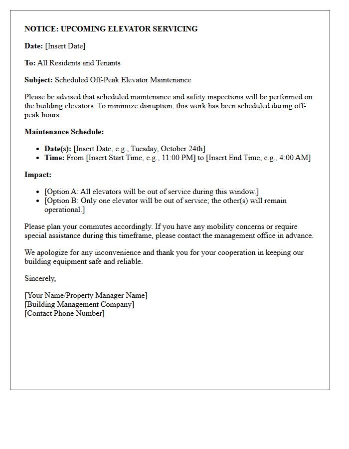 Off-Peak Hours Elevator Servicing Notice Letter