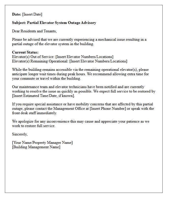 Partial Elevator System Outage Advisory Letter