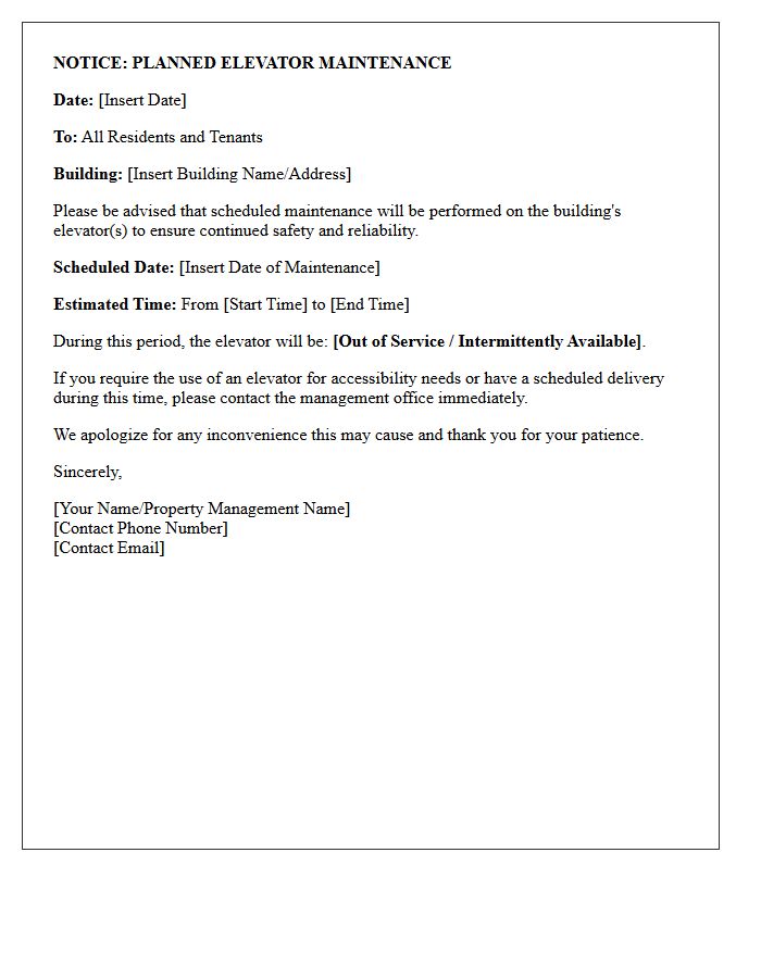 Planned Elevator Maintenance Notice Letter