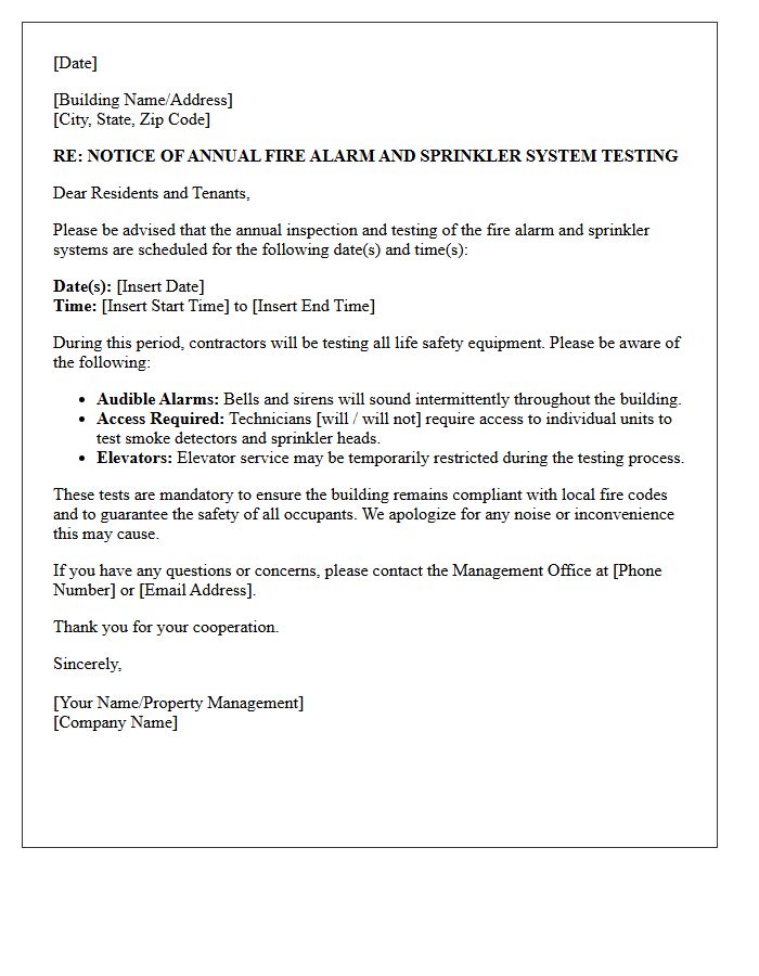 Annual Fire Alarm and Sprinkler System Testing Notice Letter