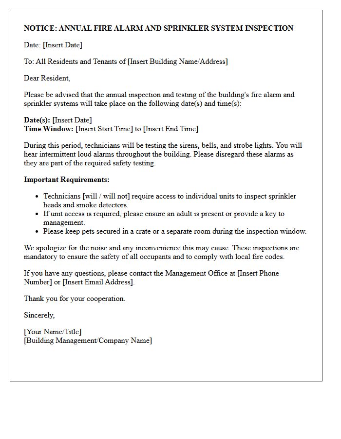 Building-Wide Fire Alarm and Sprinkler Inspection Letter