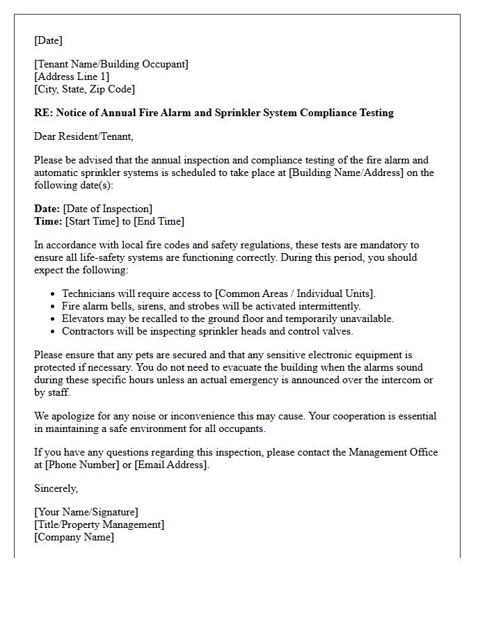 Fire Alarm and Sprinkler System Compliance Testing Letter