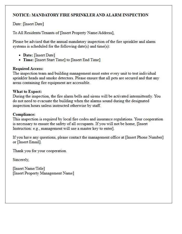 Mandatory Fire Sprinkler and Alarm Inspection Letter