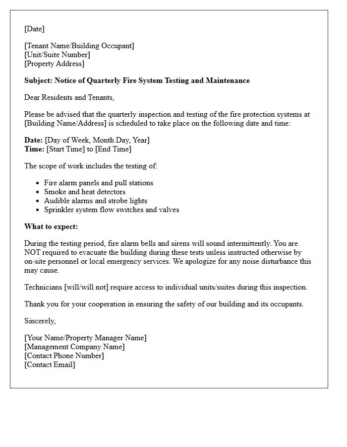 Quarterly Fire System Testing and Maintenance Letter
