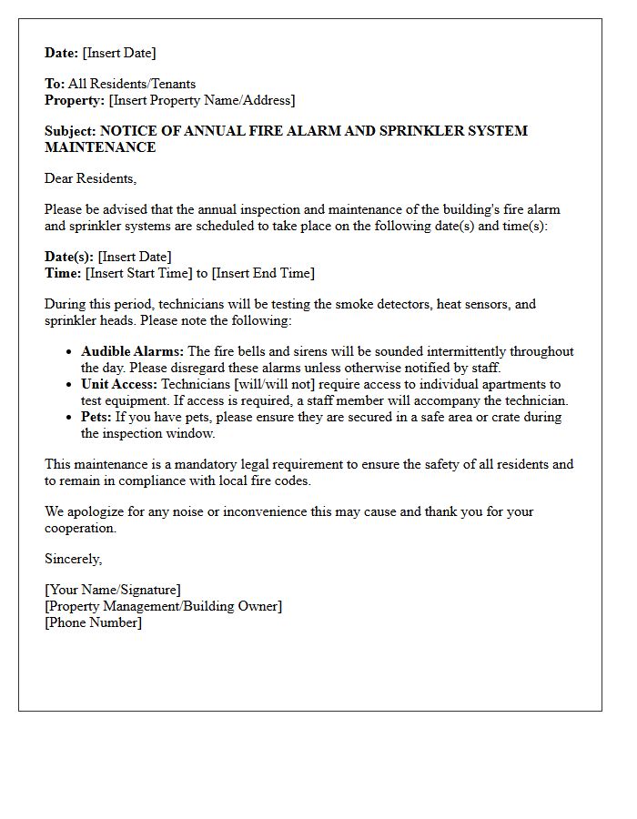 Residential Fire Alarm and Sprinkler Maintenance Letter