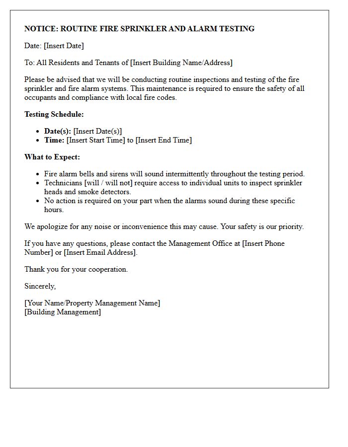 Routine Fire Sprinkler and Alarm Testing Notice Letter