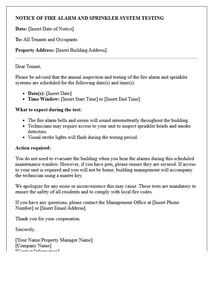 Tenant Notice Letter for Fire Alarm and Sprinkler Testing