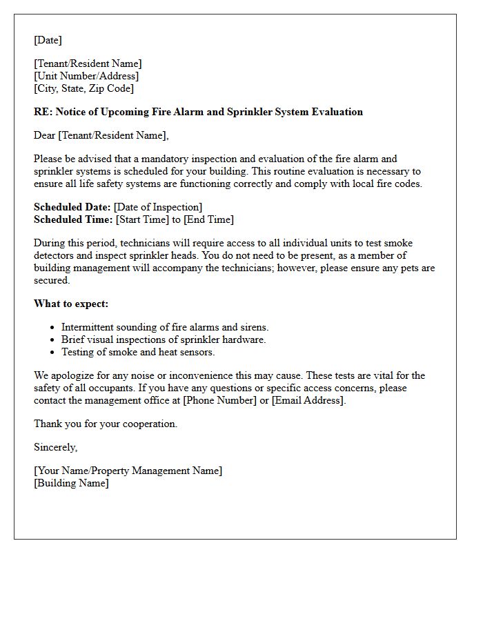 Upcoming Fire Alarm and Sprinkler System Evaluation Letter