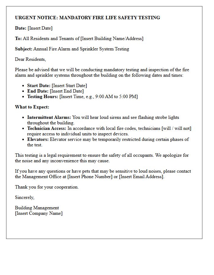 Urgent Notice Letter for Fire Alarm and Sprinkler Testing