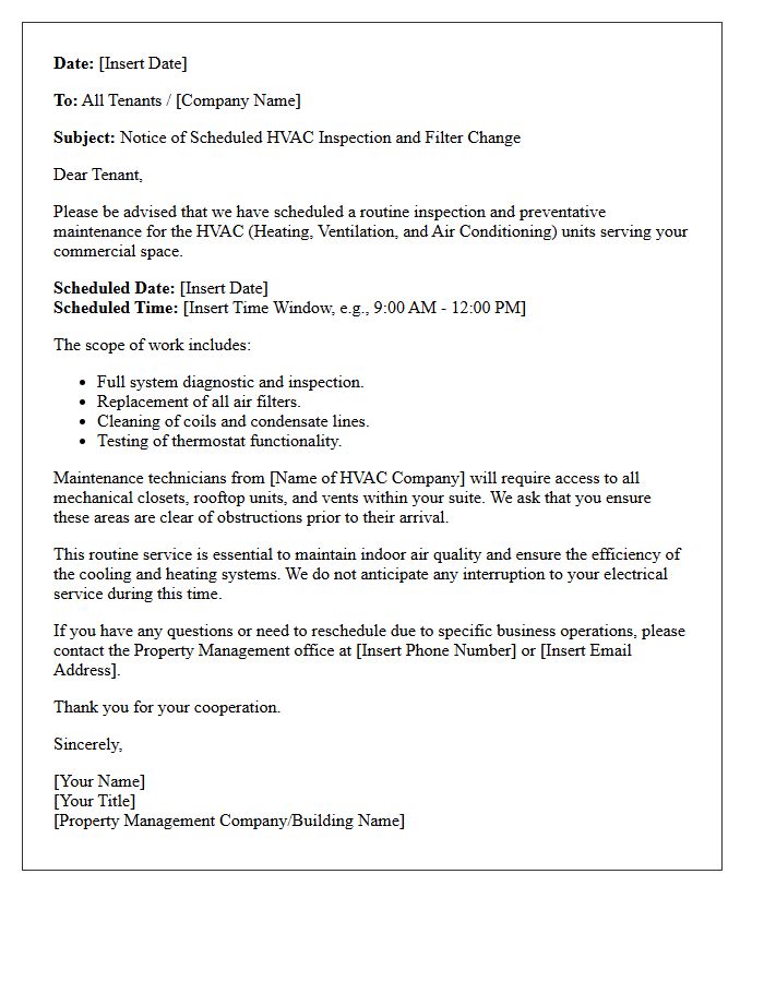 Commercial Property HVAC Inspection and Filter Change Letter
