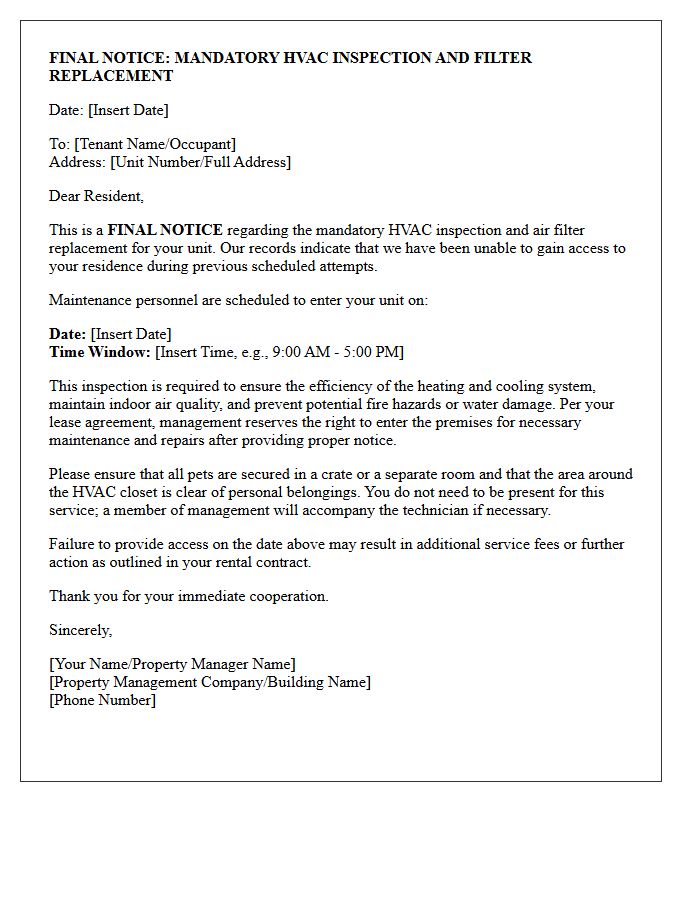 Final Notice Letter Regarding HVAC Inspection and Filter Replacement