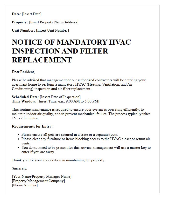 Mandatory HVAC Inspection and Air Filter Replacement Letter