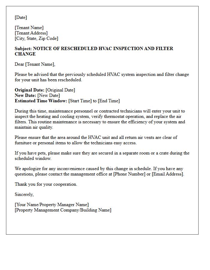 Rescheduled HVAC System Inspection and Filter Change Letter