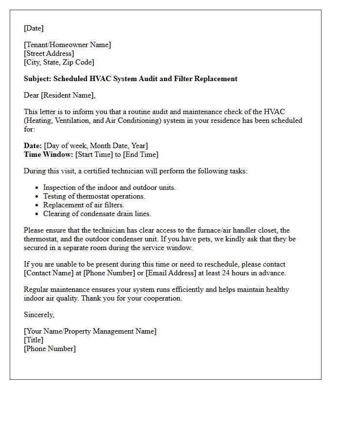 Residential HVAC System Audit and Filter Replacement Letter