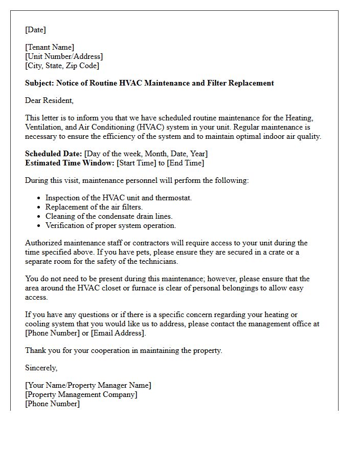 Routine HVAC Maintenance and Filter Replacement Notice Letter