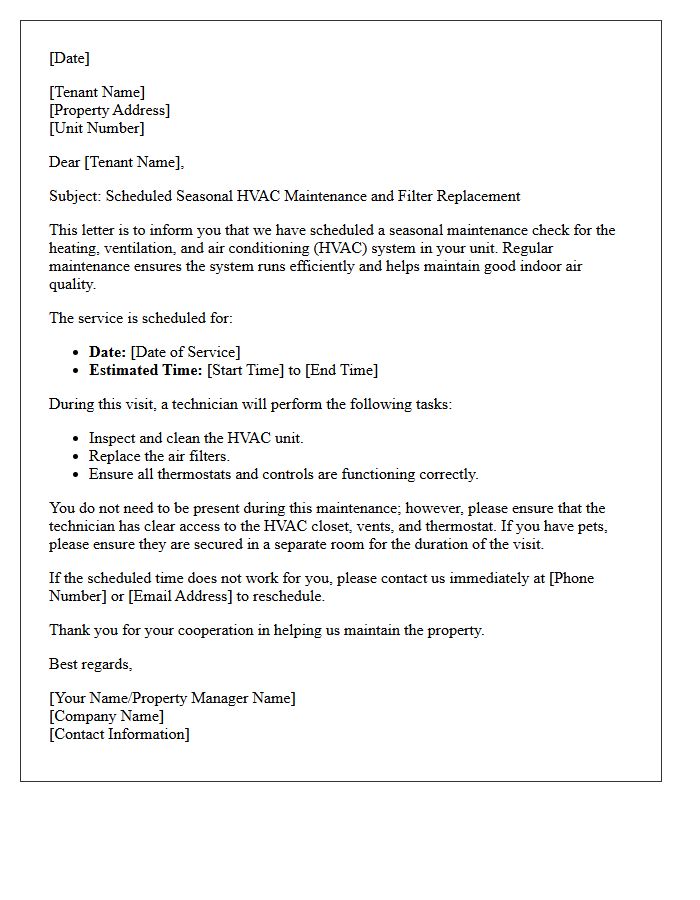 Seasonal HVAC System Check and Filter Replacement Letter