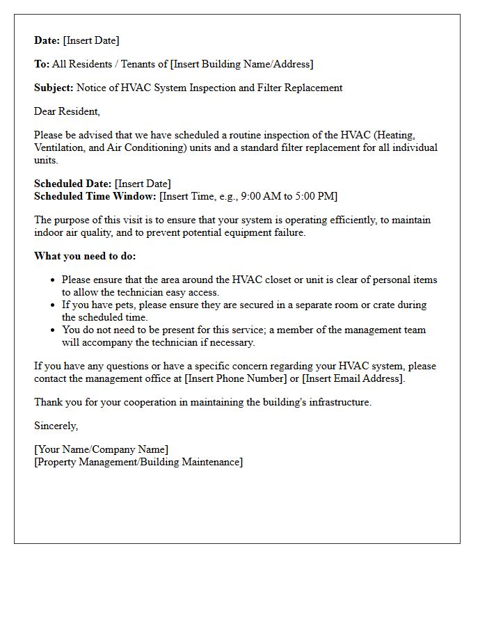 Standard Notice Letter for HVAC System Inspection and Filter Replacement
