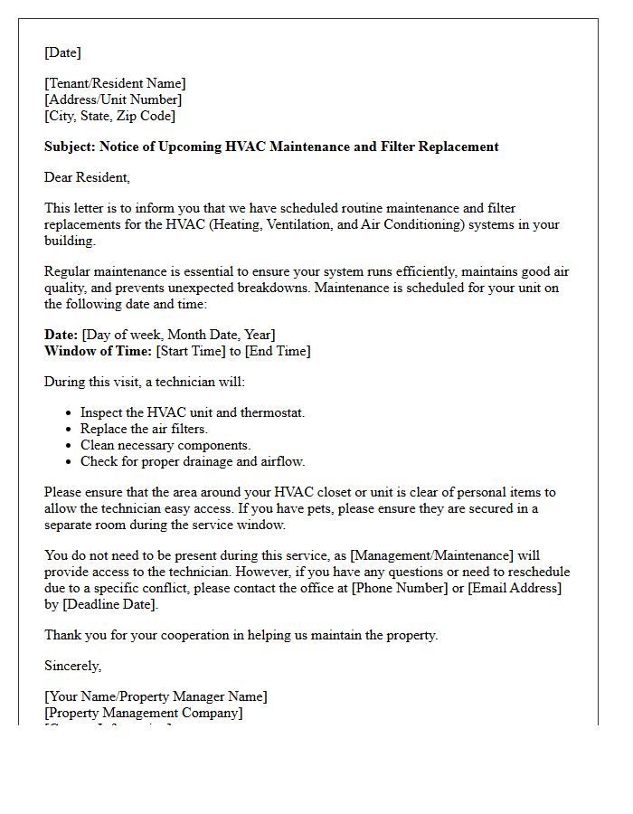 Upcoming HVAC Maintenance and Filter Replacement Schedule Letter