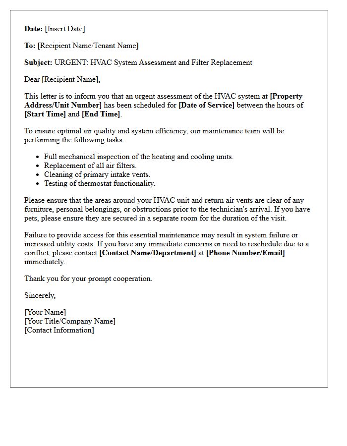 Urgent HVAC System Assessment and Filter Replacement Letter