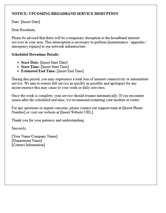 Community Notice Letter for Broadband Service Disruption
