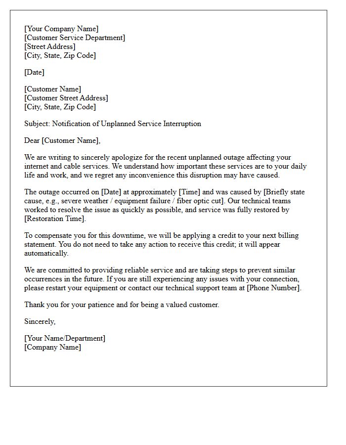 Letter of Unplanned Internet and Cable Downtime