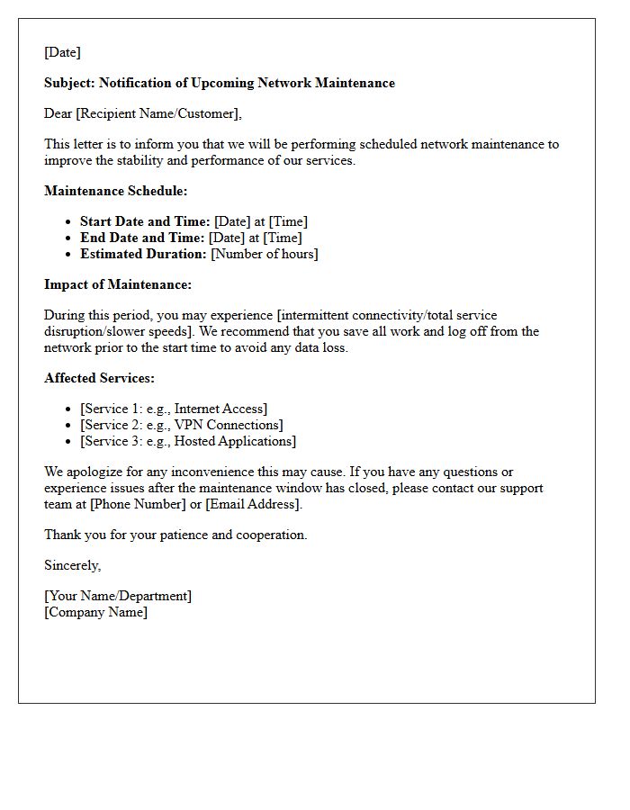 Letter of Upcoming Network Maintenance and Disruption