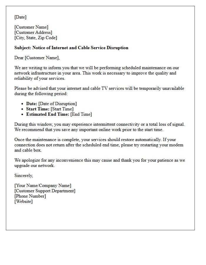 Notice of Internet and Cable Service Disruption Letter