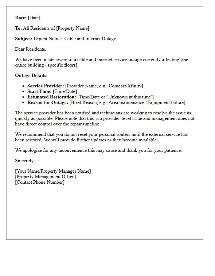 Property Management Letter Regarding Cable Outage